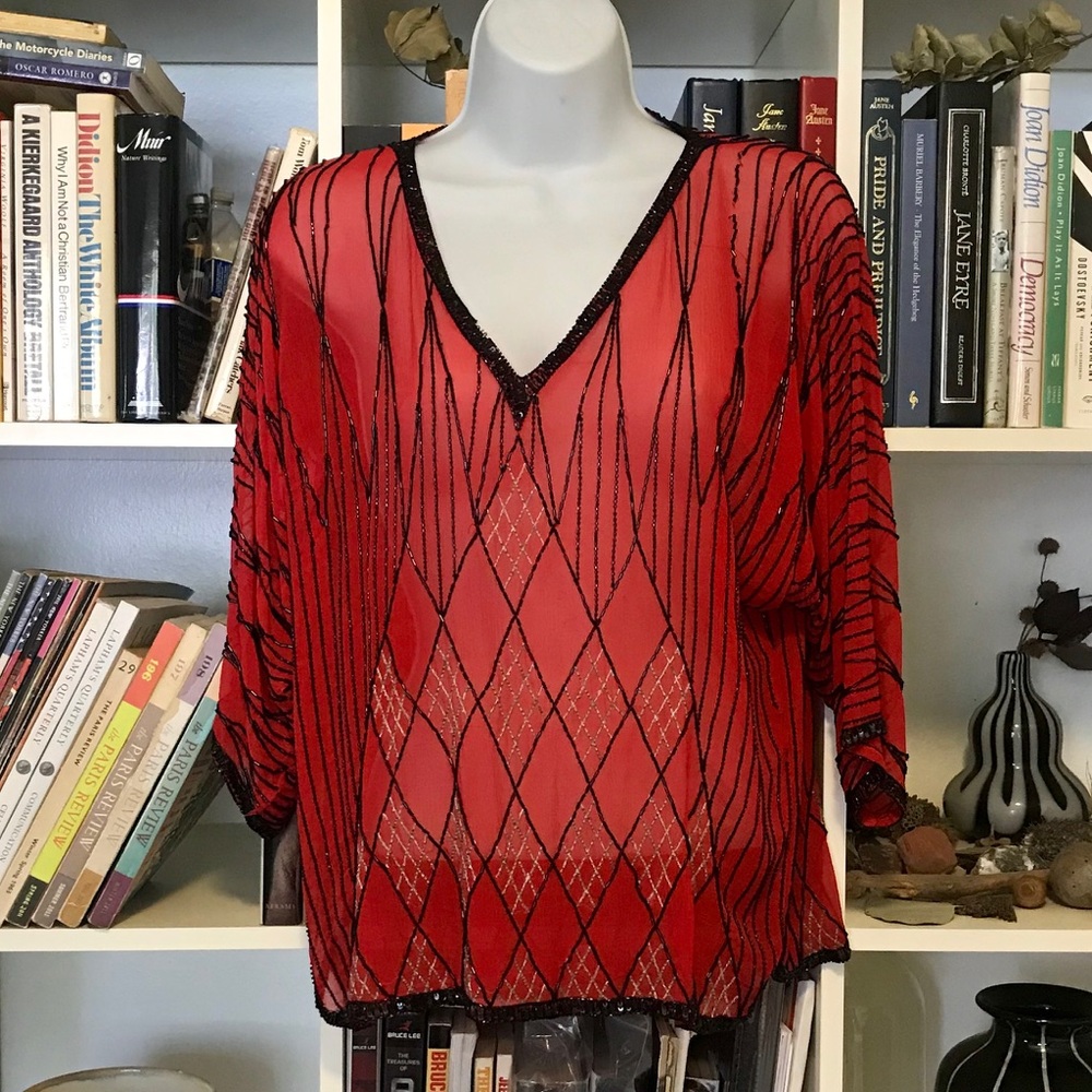 RARE Vintage St. Martin Silk Red Beaded Blouse